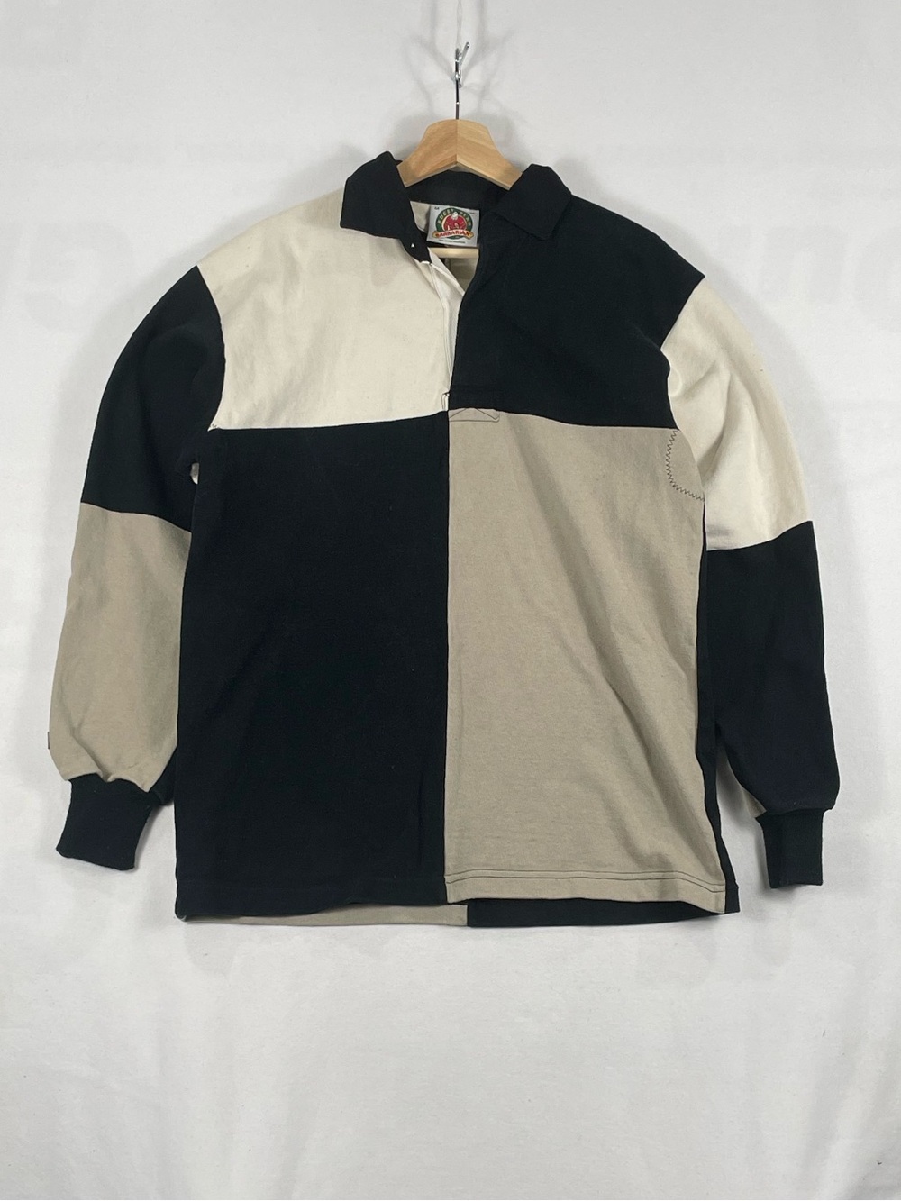 Vintage Barbarian Rugby Checkered Shirt Colourblock Black Gray Beige Sz M